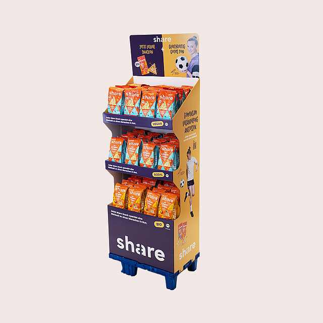 Colourfully printed display from the company Share