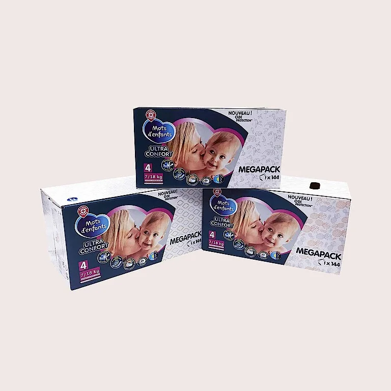Three different nappy packs stacked
