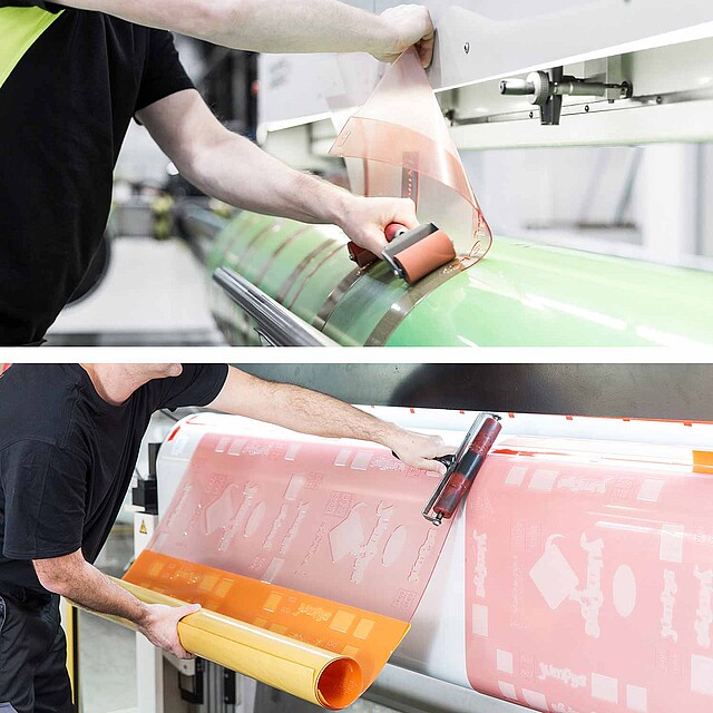 The upper image shows CI flexo printing, the lower image shows the belt technology.