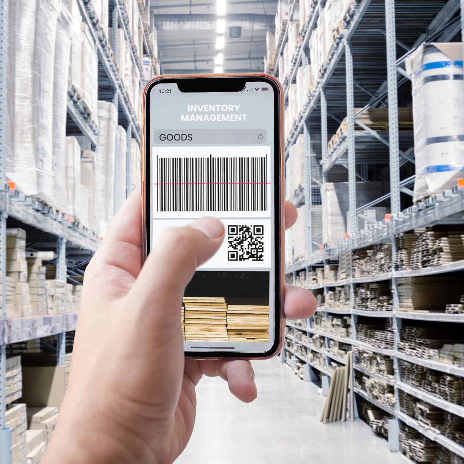 Mobile phone scans codes in a warehouse