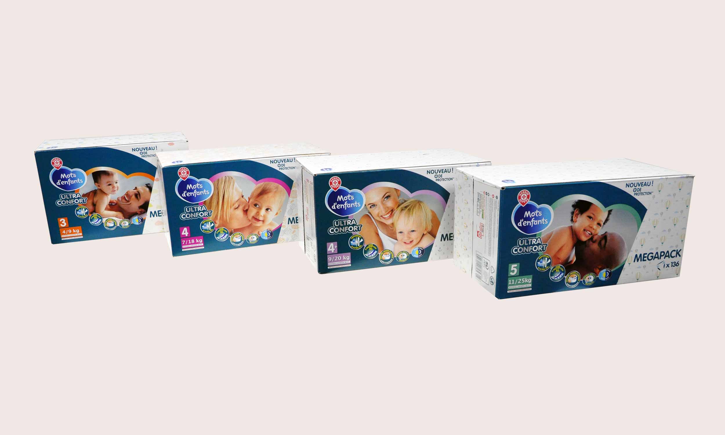 Selection of different sales packaging for nappies